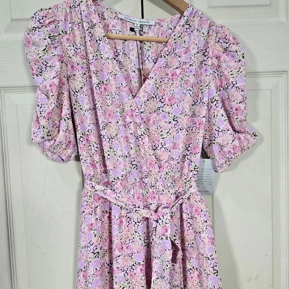 NWT COLLECTIVE CONCEPTS S Puff Sleeve Floral Midi Sun Dress Pink Multi Chiffon - Picture 3 of 12